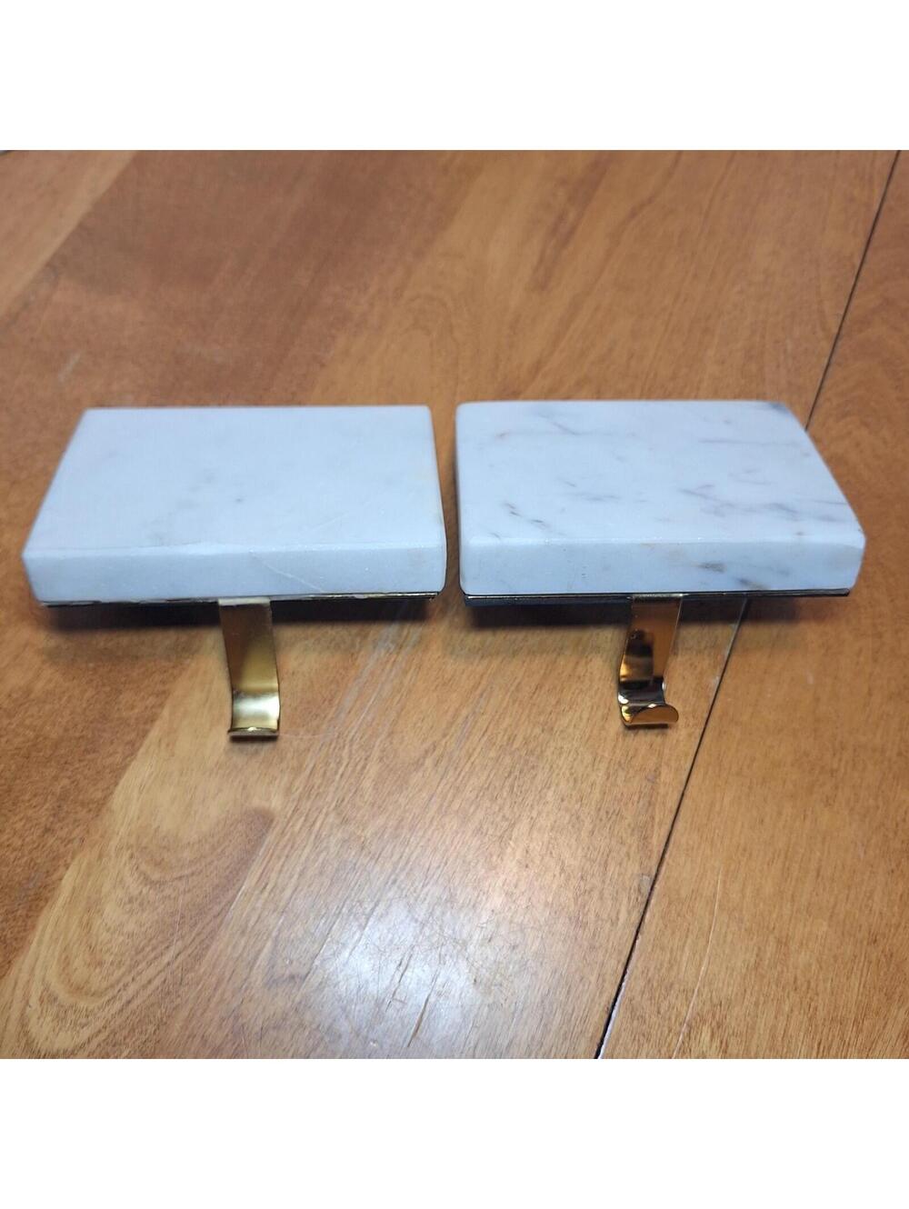 2pk Marble Rectangular Base Christmas Stocking Holders White w/Brass Hooks